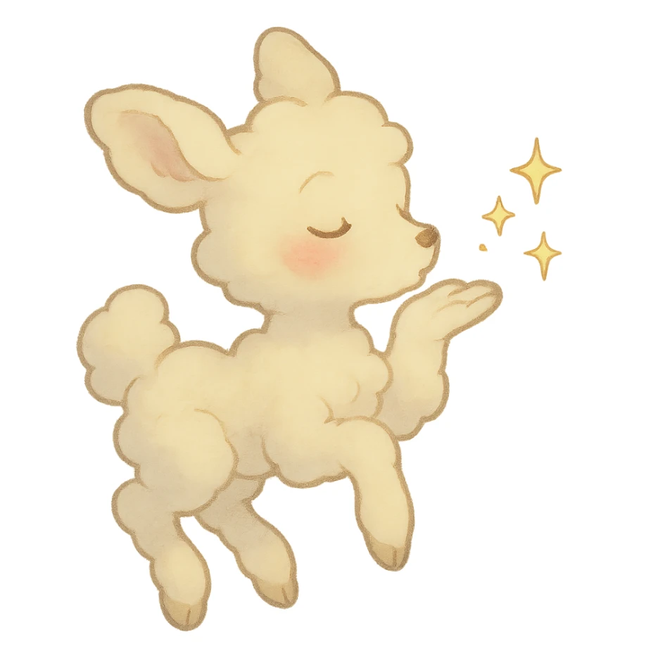 vanilla-colored cloud doe with rosy cheeks, floating, blowing a kiss with sparkles, soft and dreamy ghibli style sticker