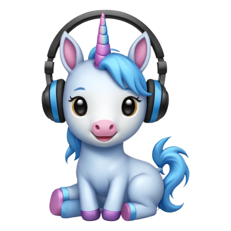 Unicornio bebé azul sentado escuchando música con auriculares negros sticker