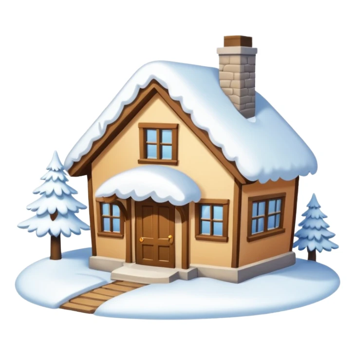 small house viewed directly from the front, with lots of snow sticker
