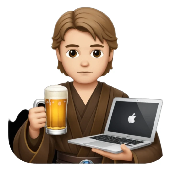 Anakin skywalker holding a beer and a macbook sticker
