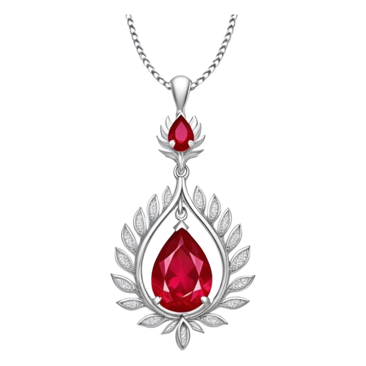 teardrop ruby pendant with fiery light, tiny phoenix feather, haloed by shimmering white stones, silver chain, symbolizing rebirth sticker