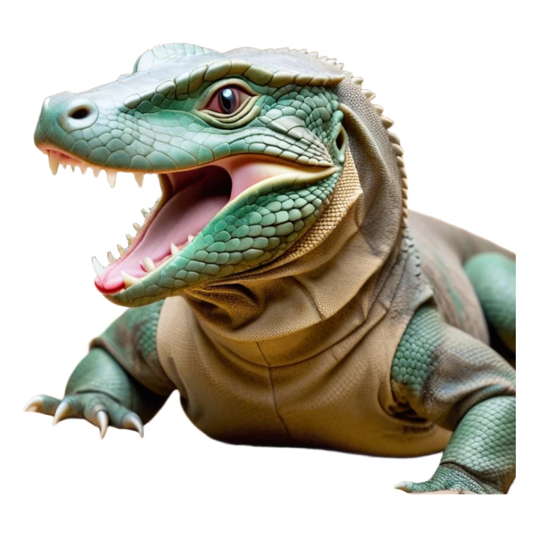 Cinematic Realistic Cute Yawning Komodo Dragon Portrait Emoji, Head tilted slightly with a dramatic, wide-open yawn, showcasing a soft, rugged scaled hide with subtly drooping features and half-closed, drowsy eyes rendered in authentic detail, high shine, relaxed yet expressive, styled with a dash of natural desert charm, soft glowing outline, capturing the essence of a sleepy yet affectionate Komodo dragon that appears ready to stretch out for a deep, restful nap! sticker