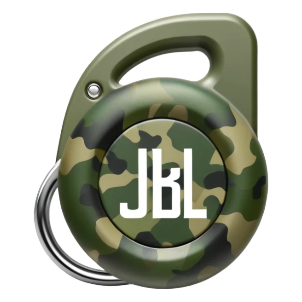 Abstract JBL Clip 4 with round shape, integrated clip, green camo pattern, and small JBL logo, iOS emoji style sticker