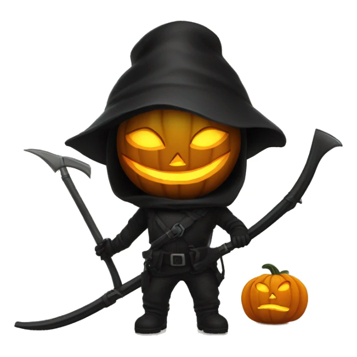 Human female pumpkin hunter with a scythe, glowing pumpkin eyes inside a black helmet, Halloween theme, emoji" sticker