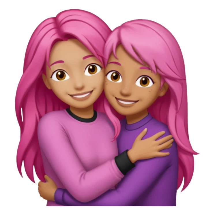Surprisingly goofy once they open up. Strong, loyal, and incredibly supportive — but still hates wasting time. one woman with long pink hair hugging another woman with short  dark hair sticker