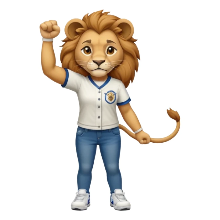 confident anthropomorphised female lion wearing a baseball shirt, jeans, trainers, raising a fist in the air, strong and determined expression sticker