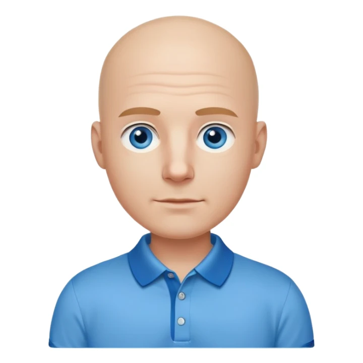 bald man, face and neck, blue eyes, kind face, polo shirt in a business setting and IT background sticker
