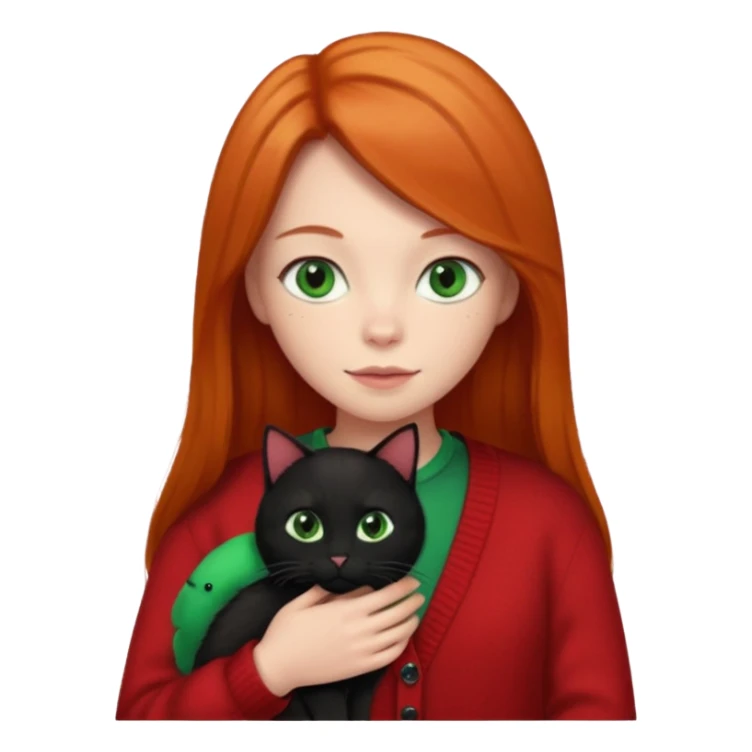 Ginger long straight hair with a red cardigan holding a black cat sticker