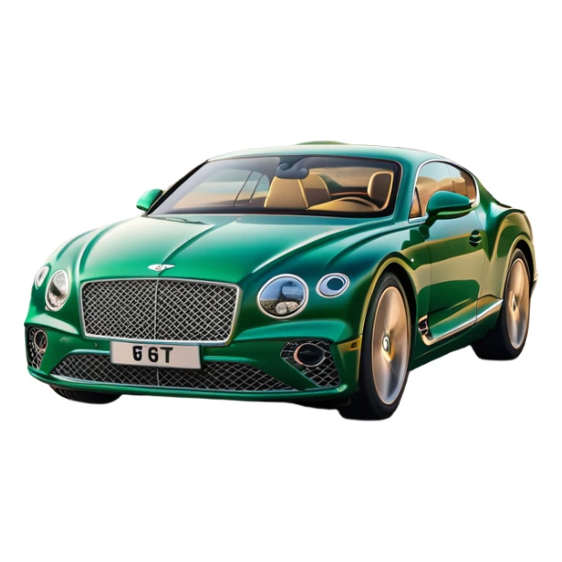 Bentley Continental GT (2022) – cinematic-realistic Bentley Continental GT, its deep emerald green paint reflecting the golden hour sunlight as it cruises along a coastal highway. The roar of its W12 engine builds as it accelerates, the plush leather interior offering an unmatched blend of luxury and performance. sticker