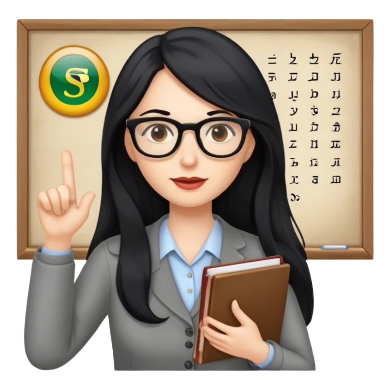 pale female teacher with long black hair, wearing glasses teaching Spanish sticker