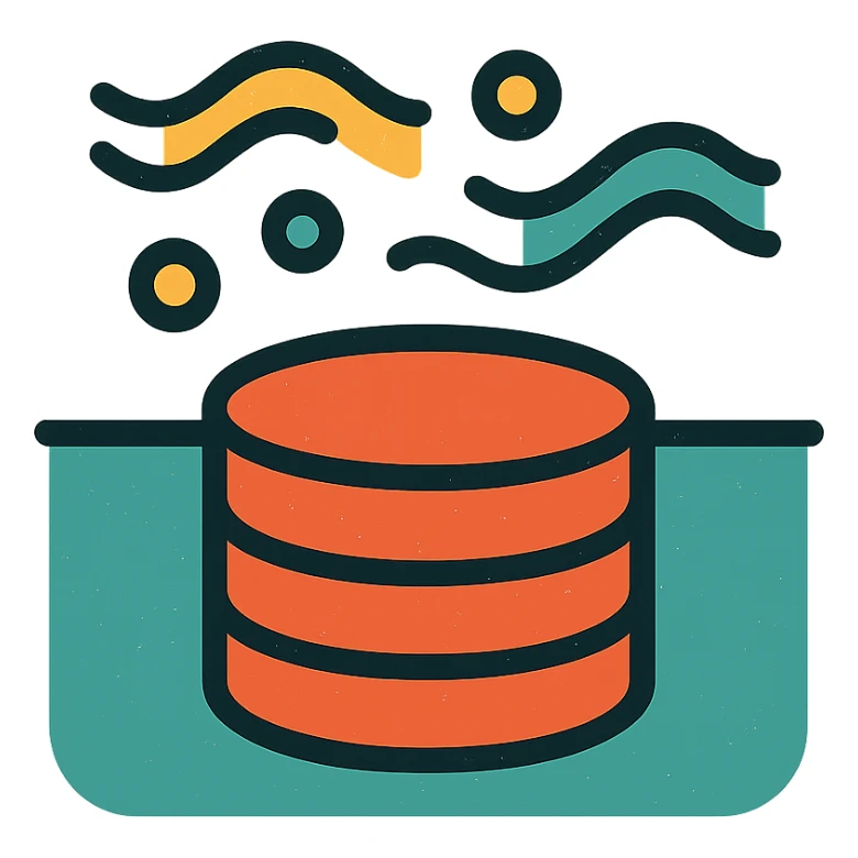 abstract minimalist icon of stacked disks partially submerged below a horizontal line representing underground, with flowing abstract data streams of lines, dots, or waves, worn and distressed effect sticker