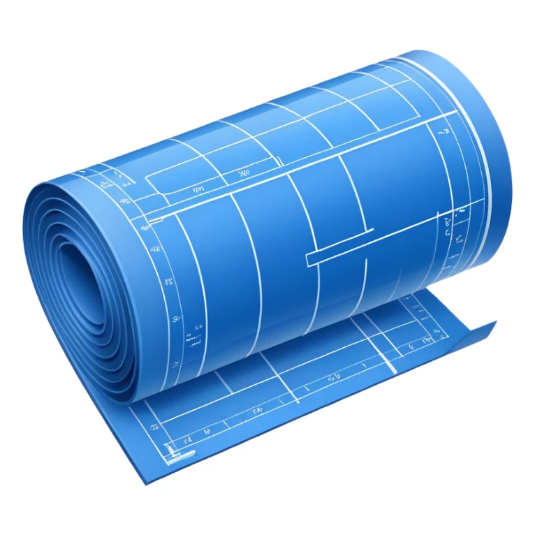 side view of a blue blueprint plan with white lines, partially unrolled sticker