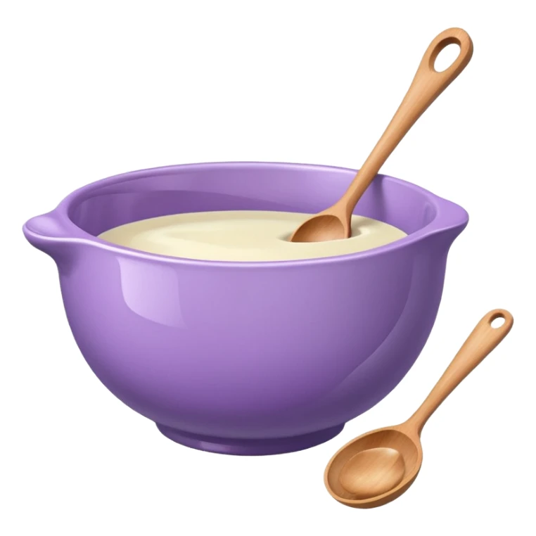 a lilac ceramic mixing bowl with a wooden spoon stirring sticker
