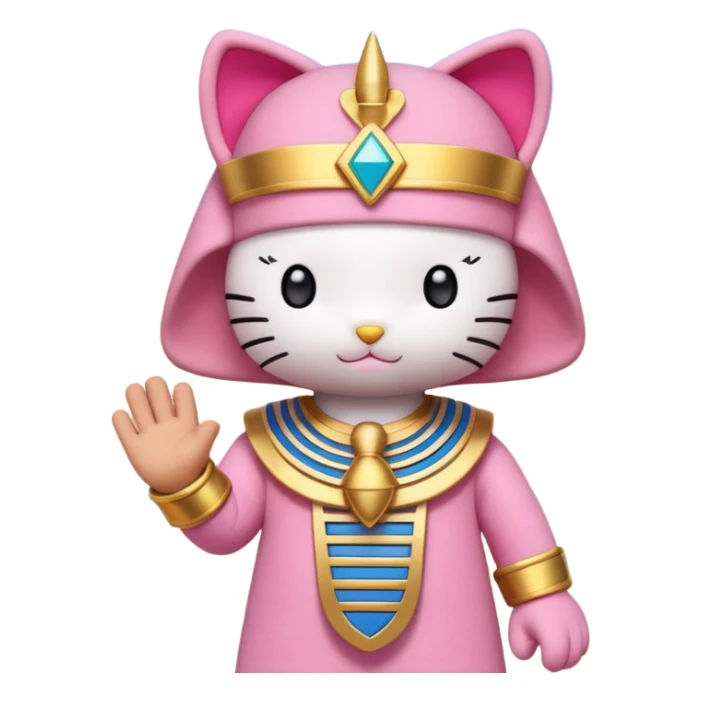 a Hello Kitty–style plush dressed as an Egyptian pharaoh, held by a hand, with a pyramid in the desert background, clear blue sky, natural light, shallow depth of field. sticker