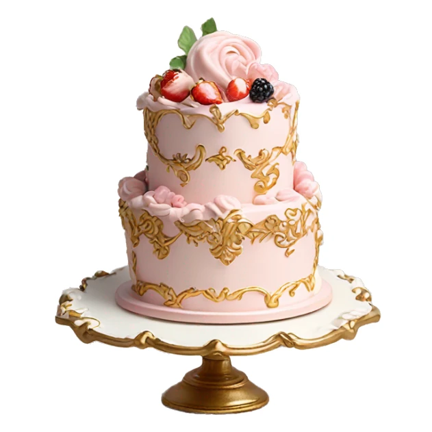 aesthetic vintage rococo cake with white icing, pale pink icing, berries on a gold and white ceramic plate stand  sticker