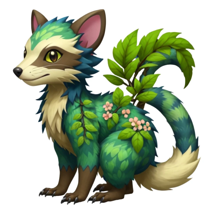 Sharp swampy realistic mossy grassy elemental ivy floral detailed Colorful furry Trico-Sergal-Furret-Ferret-Wolverine-Vernid-furry-fursona-fusion-Fakemon-animal-hybrid-creature, full body sticker