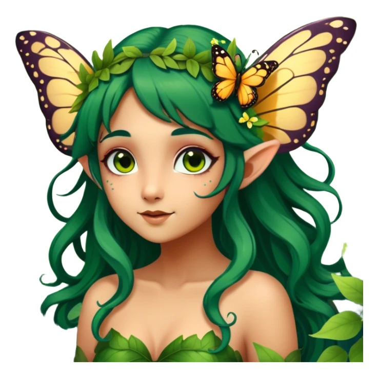 Cinematic Realistic Forest Fairy Portrait, head tilted playfully and inquisitively, showcasing a nature-inspired form with intricately detailed, sunlit tanned skin and cascading dark green hair interlaced with leaves and blossoms showing her large butterfly wings from her back. Her bright, curious eyes sparkle with forest mischief, rendered with lifelike clarity and warm, dappled lighting that captures the spirit of an enchanting woodland fairy ready to dance among the trees. sticker
