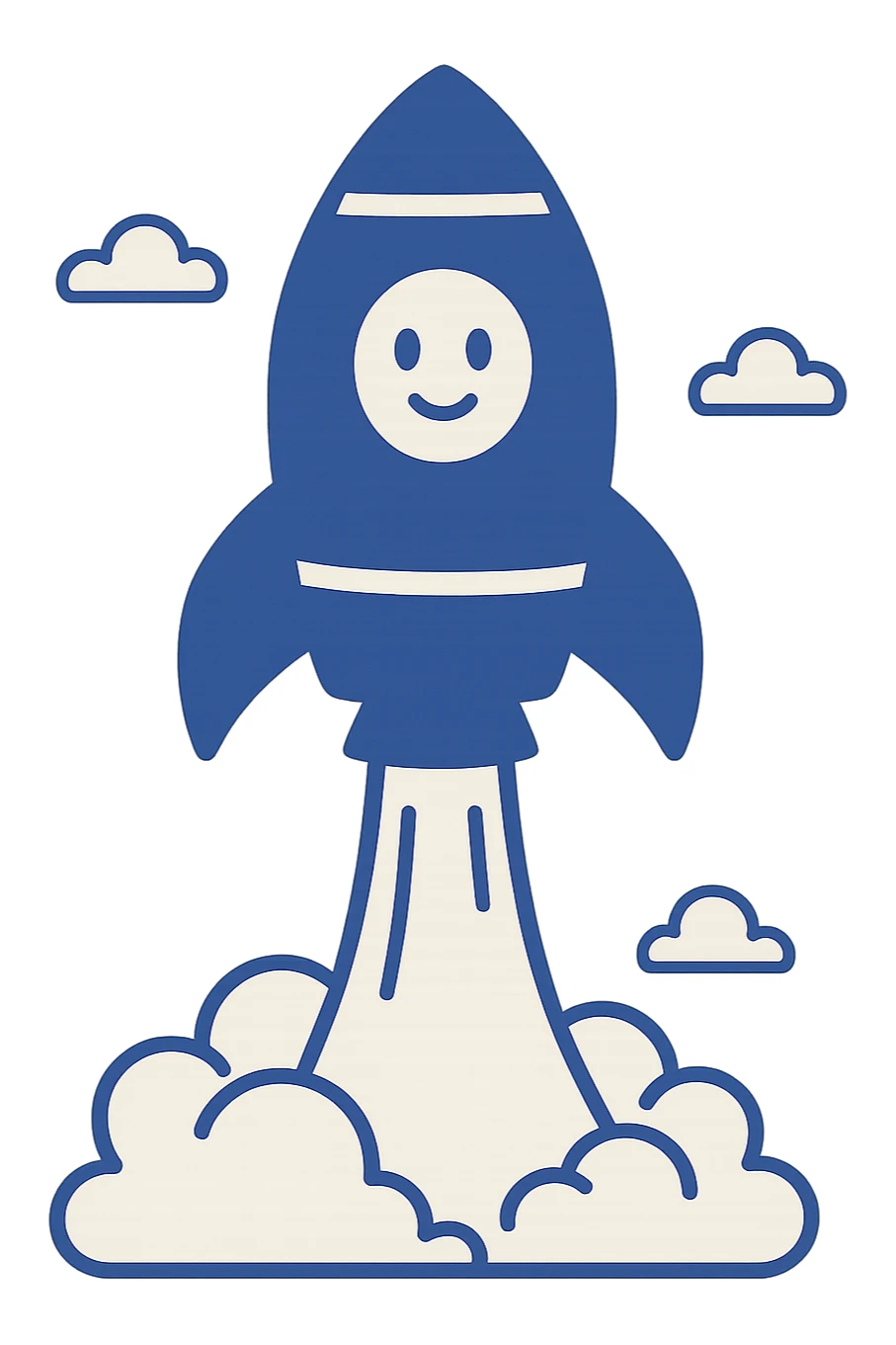 blue rocket ship blasting off with cartoon smoke, clean modern illustration style sticker