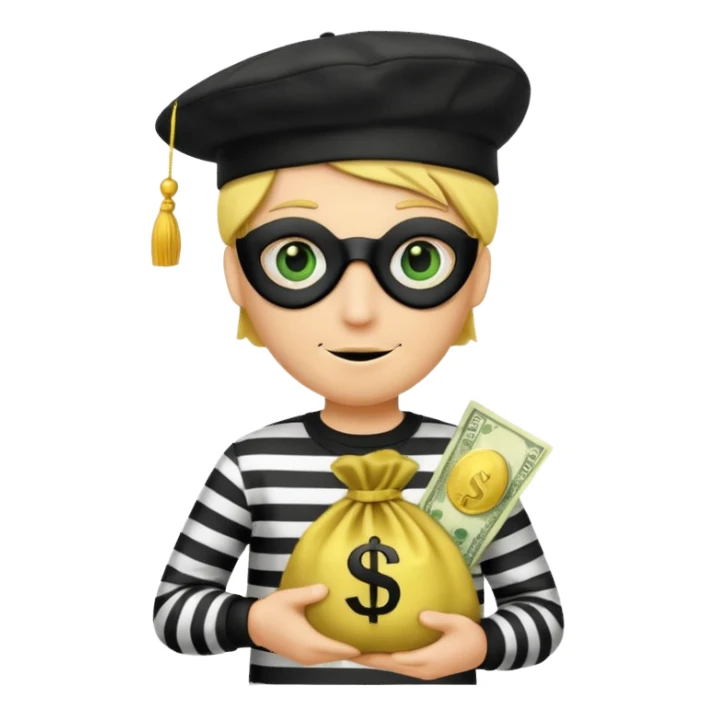 Create a high-quality emoji-style illustration of a cartoon thief character. The character should have a yellow face, wearing a black eye mask and a black beret. He is dressed in a black-and-white striped shirt. In one hand, he's holding a golden money bag with a green dollar sign on it.  sticker