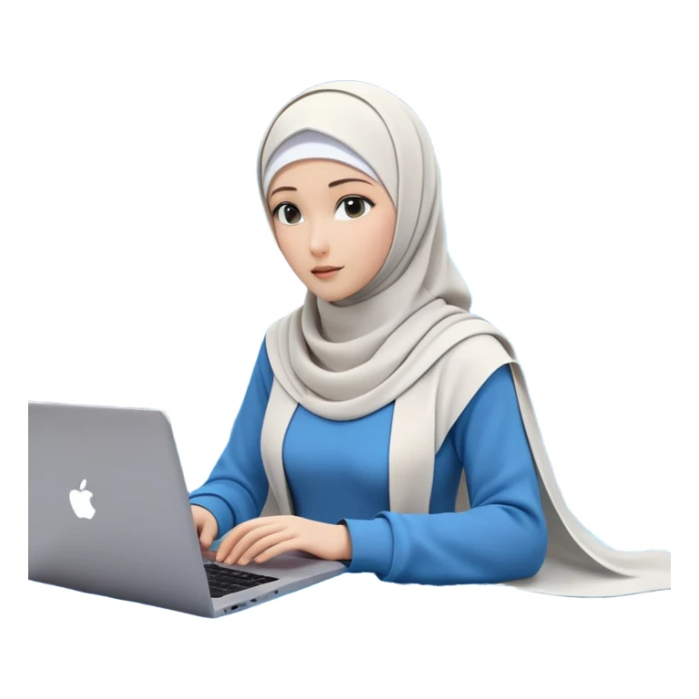 computer engineer with white hijab wearing blue outfit, with her metaverse creation coming to life around her, digital elements and code escaping from the screen behind her, virtual objects and holograms materializing in 3D space around her, laptop in front of her, her digital world extending beyond the screen into reality sticker
