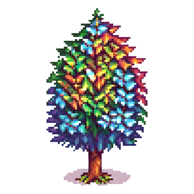 Terraria-inspired tree in pixel art, with rainbow-colored leaves for LGBTQ+ pride, whimsical and colorful, no text sticker