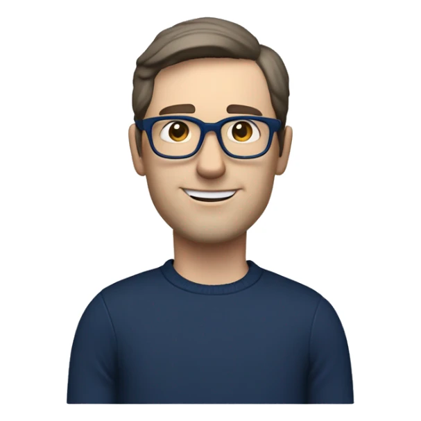 caucasian white man with dark hair, blue glasses, and carrying design plan because he is an architect carrying a pencil and a set model maquette. wearing a navy blue long sleeve sweater shirt. smart.  sticker