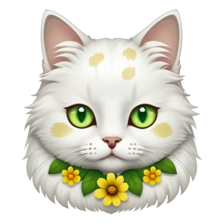 White cat with green eyes, brown-gray spots, and a yellow flower collar, looking serious. sticker