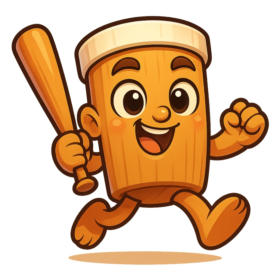 square image of absurd wooden stick-man creature, drum-like cylindrical body, holding baseball bat, cartoon style, bright vivid colors, dynamic pose,  sticker