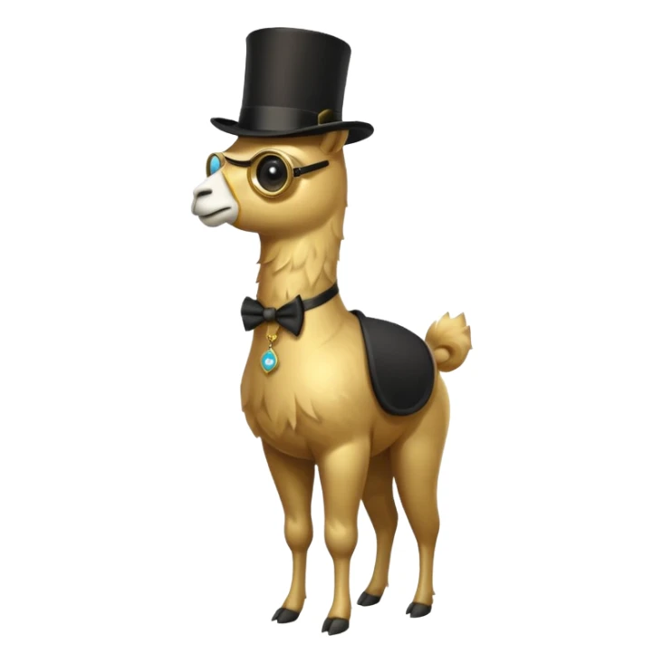A small golden llama silhouette wearing a black top hat and a single eye monocle, full body shot sticker
