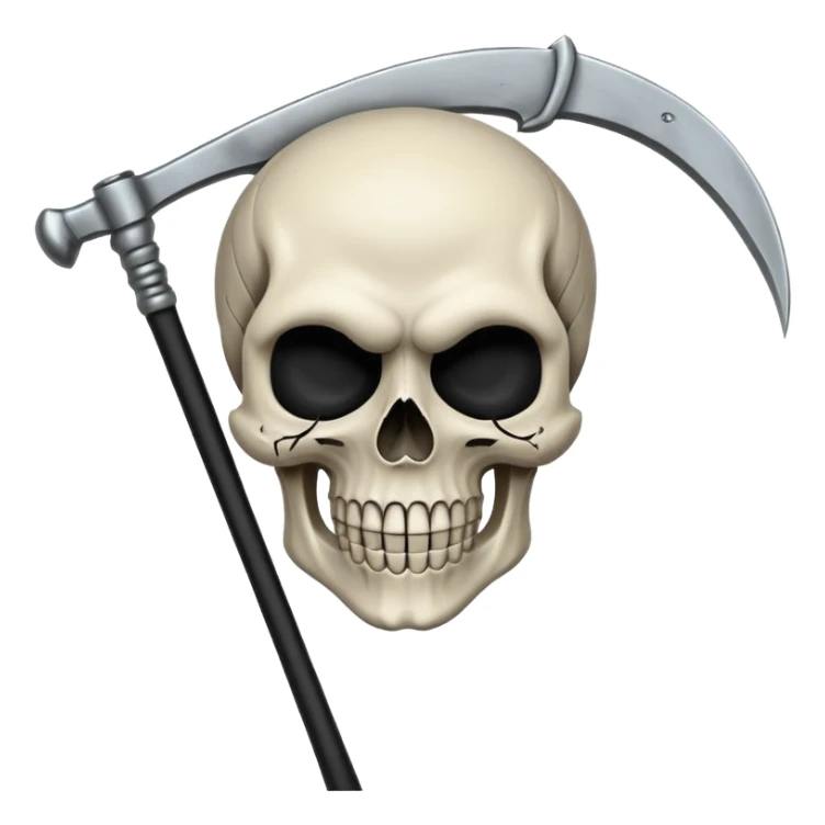 A laughing skull with a scythe crossed behind it, one eye socket winking. Clean, stylized lines, flat vector. Medieval woodcut style. Black and white with one accent color (tarnished silver). No background. sticker
