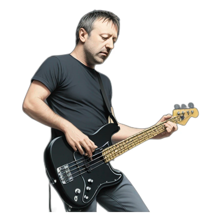 photo realistic, full body, Peter Hook from Joy Division, in 1979, playing, Yamaha black bass guitar, standing up, front view sticker