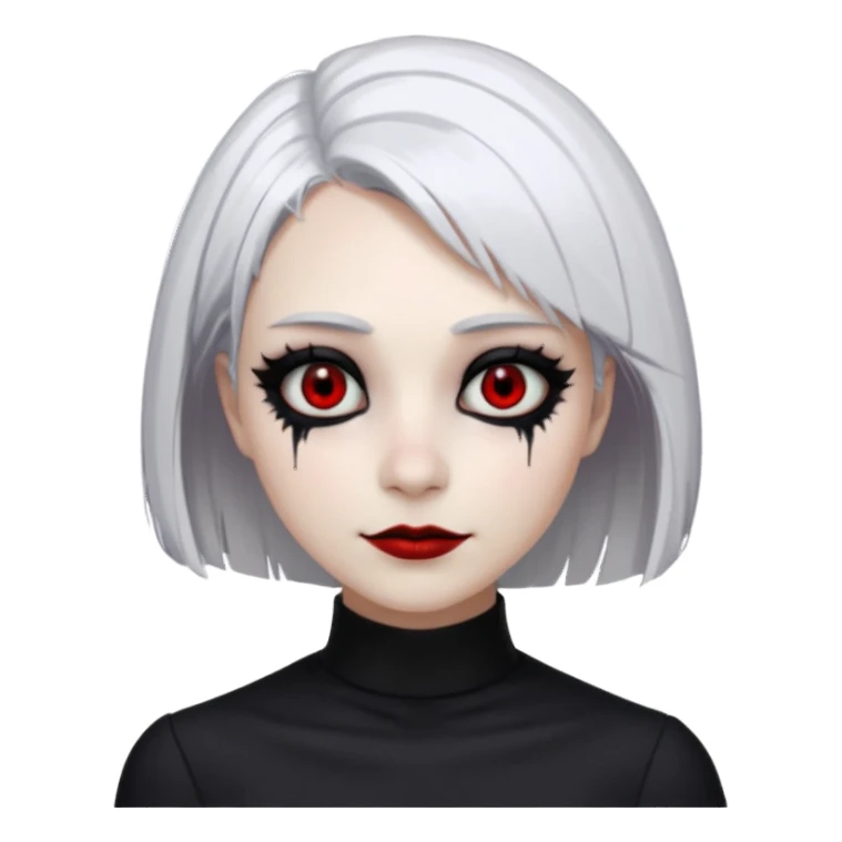 Afemale, unnatural eye color with veiny eyes, sickly skin texture combined with an unnatural creepy smile, liminal setting that feels wrong, uncanny eerie art style, scary femme fatale, bob cut, mole under eye, white hair, red iris, black mascara, black eyeshadow, Gothic white skin, sticker