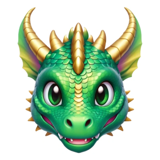 Cinematic Cute Dragon Portrait Emoji, Head tilted playfully and inquisitively, featuring a sleek, serpentine form adorned with iridescent scales that shift between emerald and gold, a delicate set of subtle horns, and round, sparkling eyes full of curious magic; rendered with realistic detail and warm natural light, high shine, affectionate and enchanting, styled with a touch of whimsical fantasy, soft glowing outline, capturing the essence of a mischievous yet lovable dragon that seems poised to slither playfully into your arms! sticker
