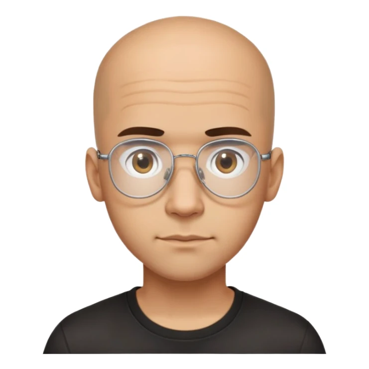 Latino man with small oval face and big forehead, clear lens aviator-style eyeglasses with metal frames, completely bald/shaved sides with very short curly dark hair only on top of head, neutral-friendly expression, light brown skin, wearing a black t-shirt sticker