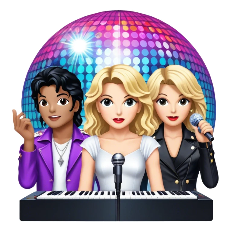 Pop music icon: vibrant stage with bright lights, microphone, synthesizer, disco ball. Collage of famous pop artists—Michael Jackson, Madonna, Britney Spears, and Taylor Swift—symbolizing iconic eras. Energetic and dynamic. Transparent background. sticker