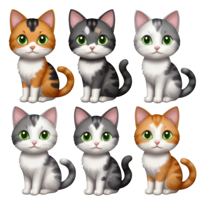 6 different coloured small cats including a dark grey and white, and a patchy calico, and a brown tabby and white,  and a completely solid dark grey with green eyes and only white paws sticker