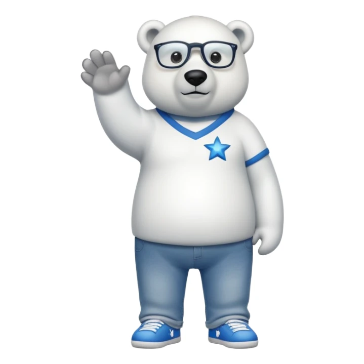 friendly anthropomorphised polar bear standing upright, looking chilled and unbothered, wearing a shirt, jeans, trainers, star-shaped glasses sticker