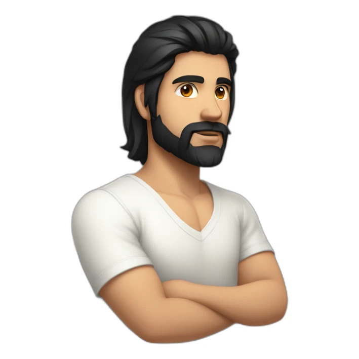 white skin indian in plain white shirt with sleeve up and cool medium length black hair and light beard profile image sticker