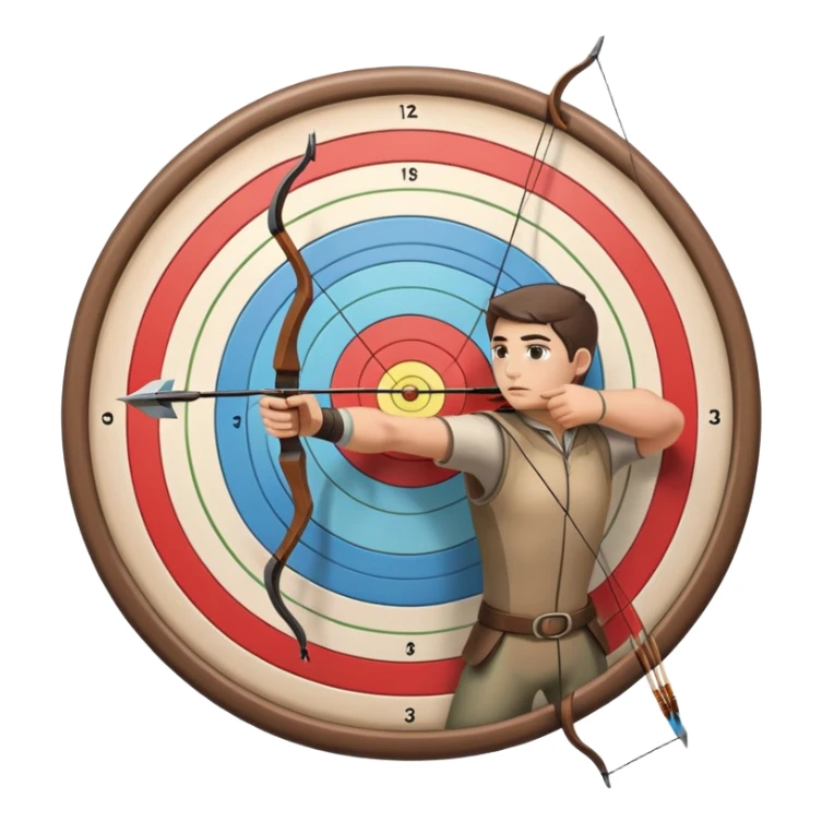 An archer drawing a bow and aiming an arrow at a target, with perfect focus and precision. The target is visible in the background, featuring concentric rings. The scene captures the concentration and skill involved in archery, emphasizing the elegance and accuracy of the sport. sticker