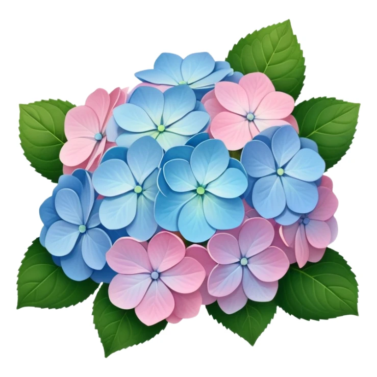 Natural hydrangea flower with realistic cluster of tiny individual blooms, soft color gradients from center to edge, slightly irregular rounded shape, and detailed green leaves sticker