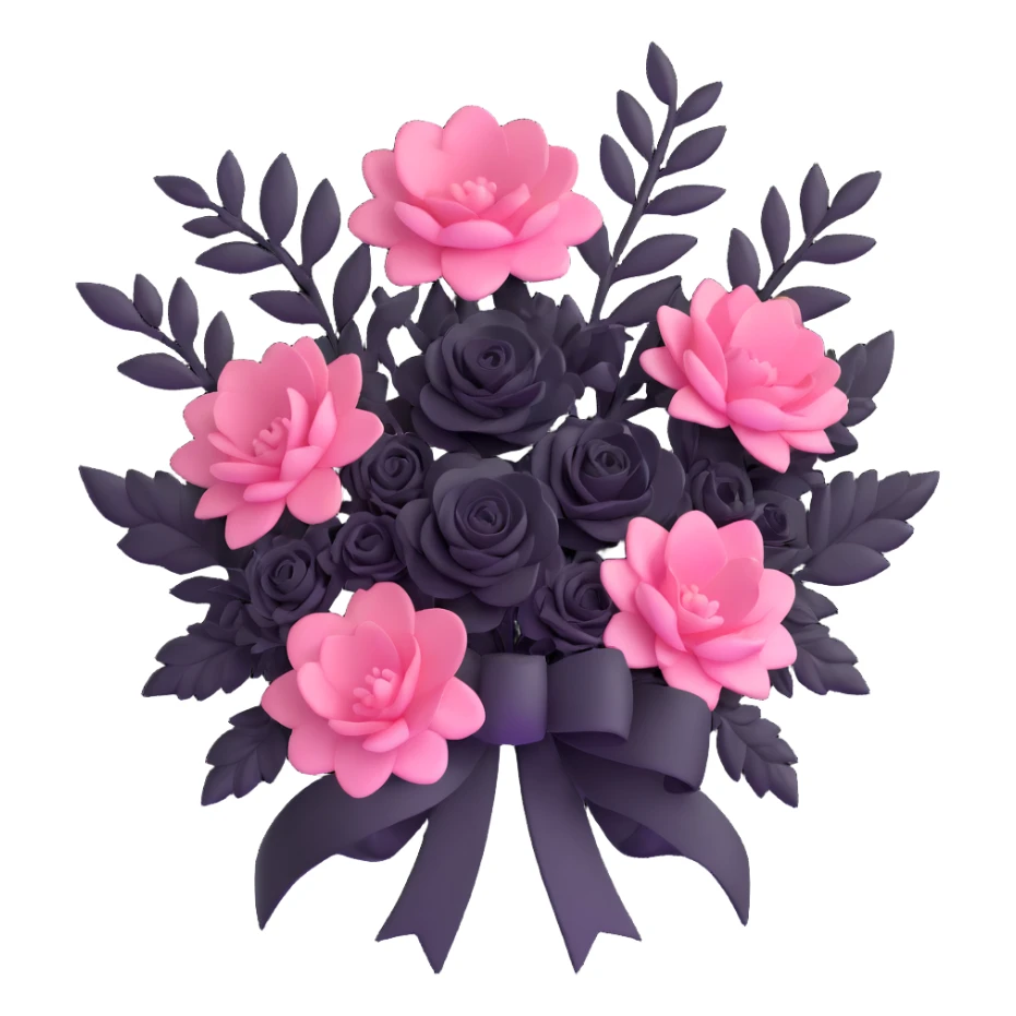 minimal 3D gothic bouquet with ribbon, pink and black flowers, simple and dark sticker