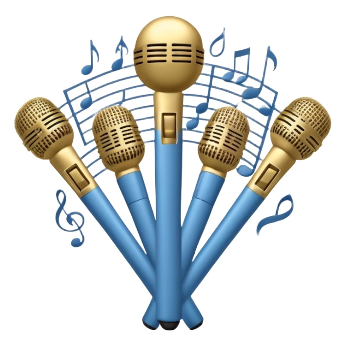 Create a harmonious and elegant emoji that represents choral singing. The design should feature multiple microphones arranged in a semi-circle, symbolizing a choir. Add musical notes flowing around to represent the harmony and unity of the voices. Include subtle elements like sheet music or a conductor's baton to reflect the organized aspect of choral performance. Use colors like gold, silver, and soft blue to evoke a sense of togetherness, professionalism, and grace. The background should be transparent. sticker