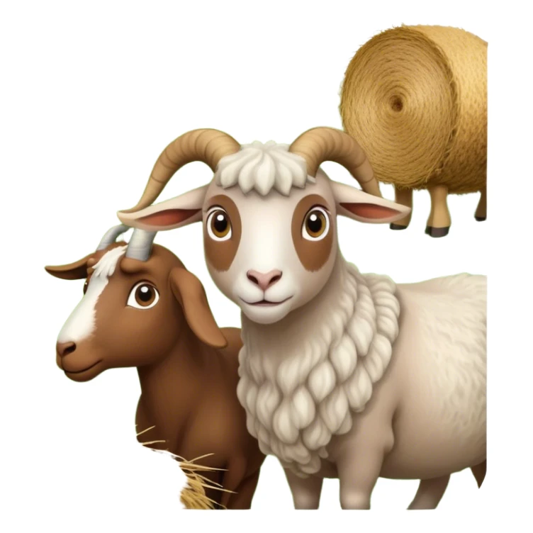 Icon for Domestic Hooved Animals: A gentle collage featuring a brown goat with large, curious eyes, a calm sheep with soft wool, and a majestic horse with a flowing mane. Background with a green pasture and a few hay bales. Transparent background. sticker
