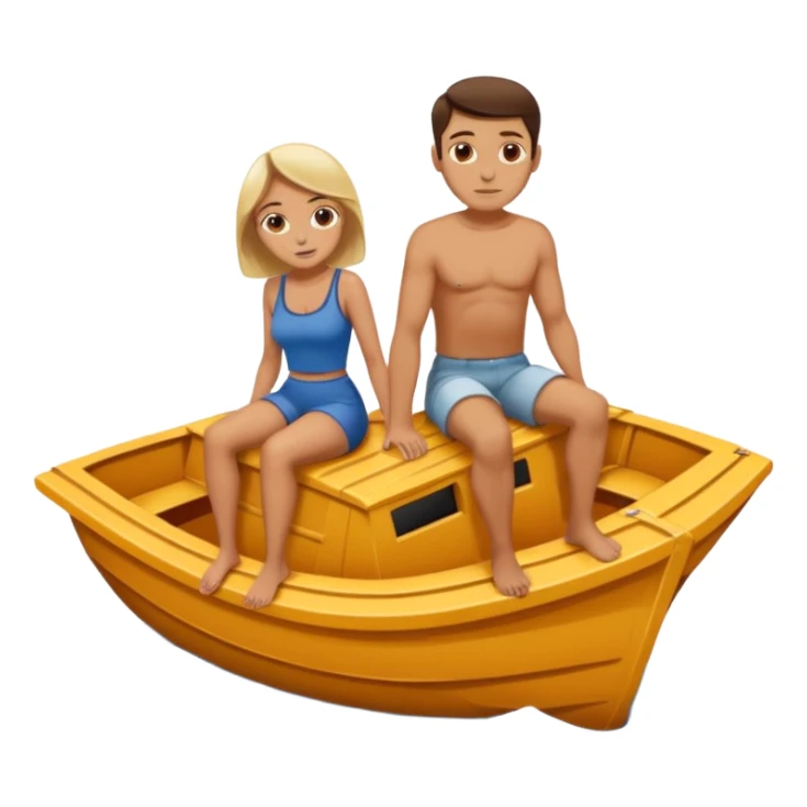a boat sinking, upside down, with 2 people sitting on top trying to stay afloat. sticker