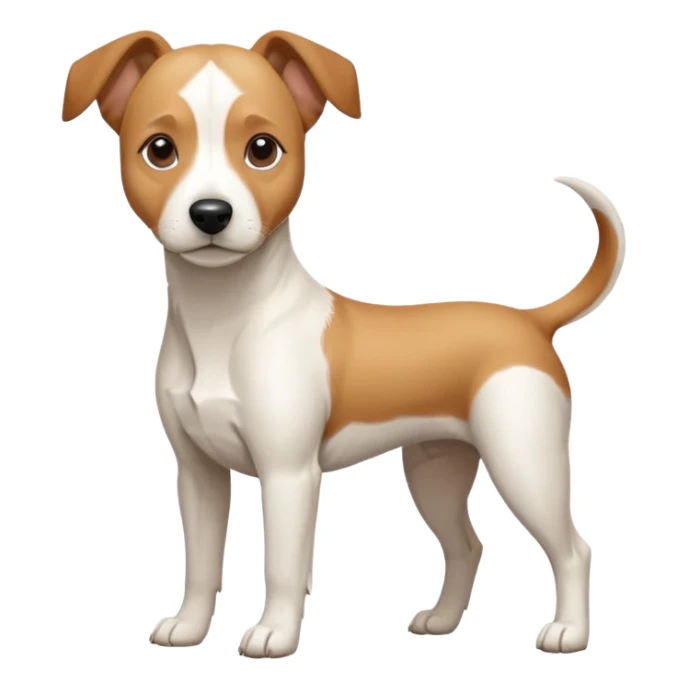 a full body facing front on of a buff white beagle cross jack russell terrier looking dog the size of a kelpie with light brown long ears resting on its face and a light brown patch above one eye and a large snout. the rest of the dog is completely white.  sticker