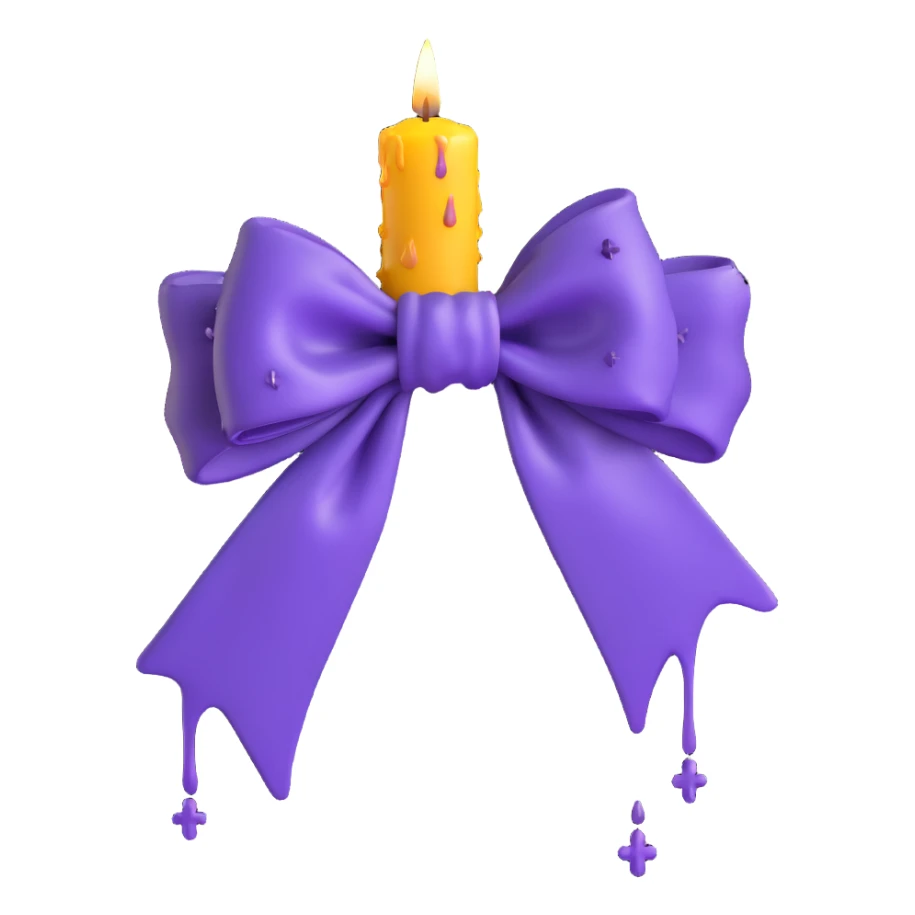 3D emoji gothic bow with dark purple silk, dripping candle wax effect, and tiny silver crosses sticker