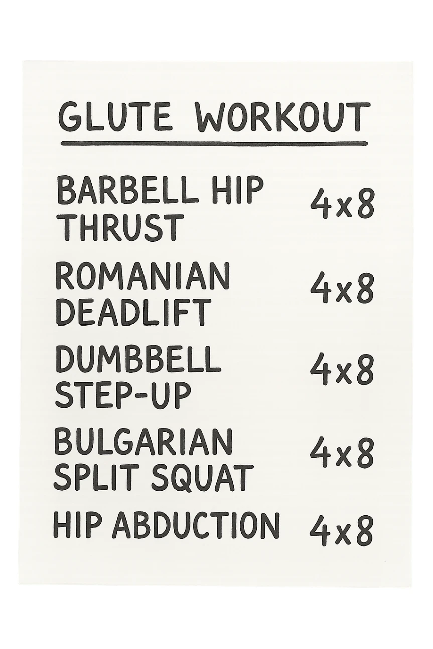 scheda di allenamento glutei con le reps scritte (tipo 4x8 ecc), iperrealistico 4k sticker