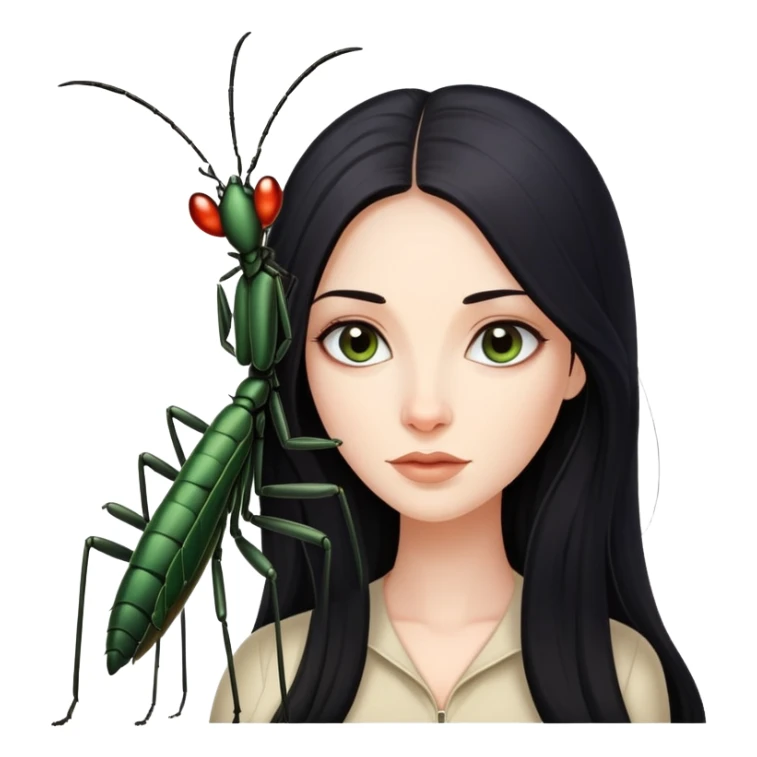 beautiful pale woman with long black hair next to one stick bug sticker