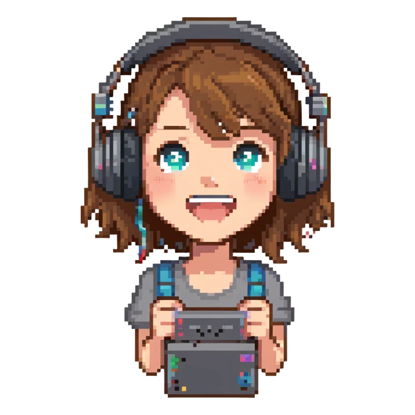 brown-haired gamer girl, excited expression, headphones, head only, emote sticker