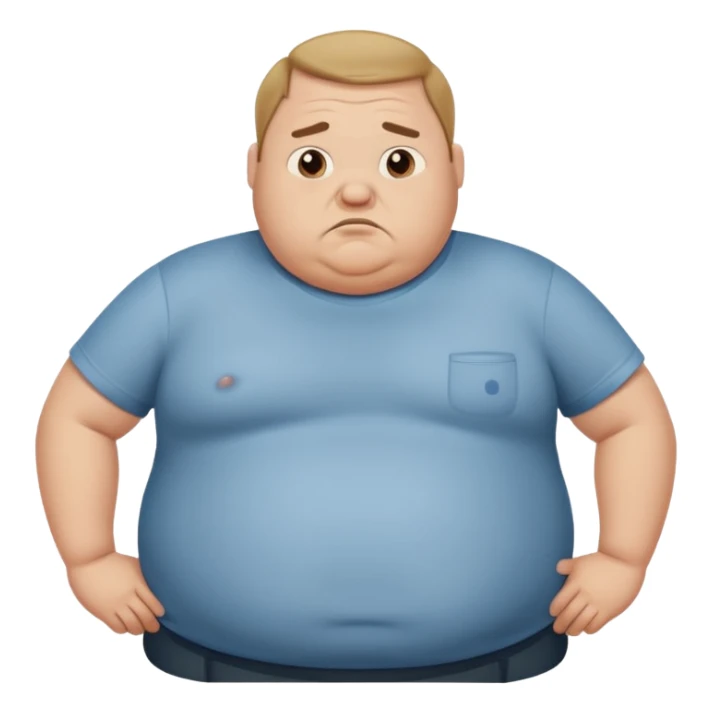 a cartoon fat man holding his stomach wearing t shirt, while looking confused?  sticker